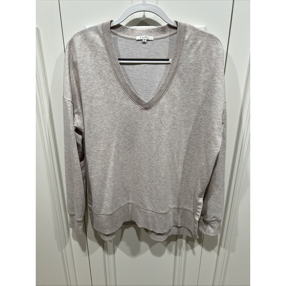 Z Supply Modern Weekender Birch Beige V-Neck Oversized Sweatshirt Top Comfy